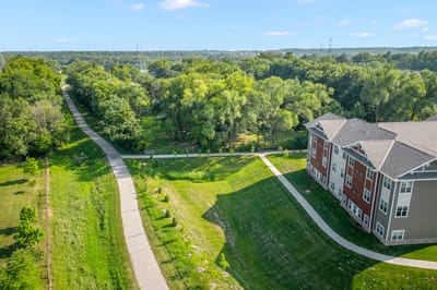 Aerial view of the facility and surrounding greenery