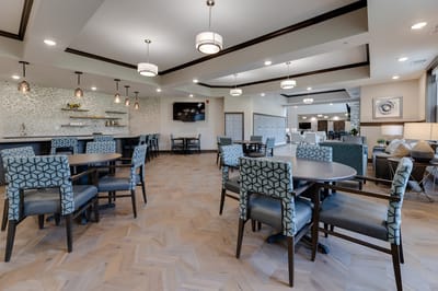 Bright dining area with modern seating arrangement