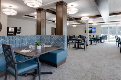 Dining area with tables and seating arrangements