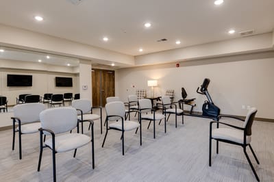 Interior view of a common area with seating