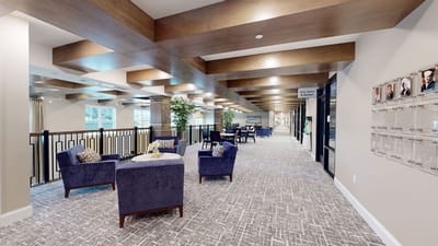 Bright common area with seating and decor
