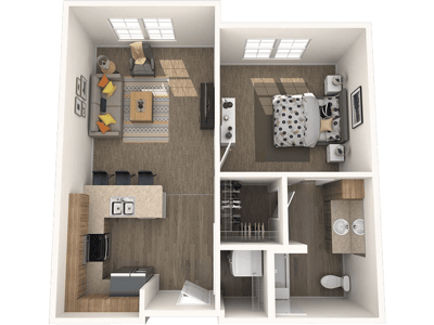 Aerial view of a two-bedroom apartment layout