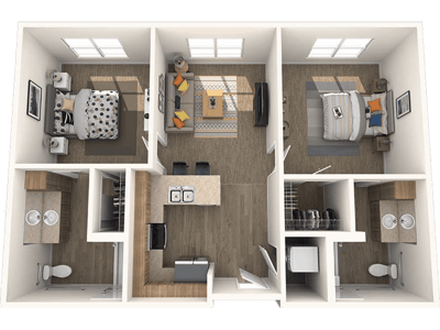 Illustration of a two-bedroom layout for senior living