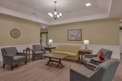 Bright common area with seating and decor