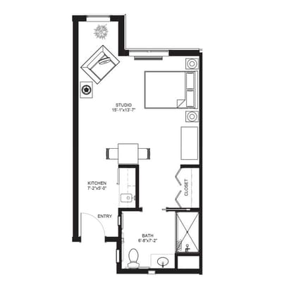 Architectural floor plan of a studio apartment