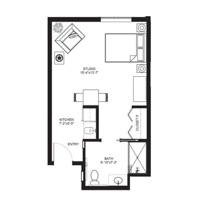 Architectural floor plan of a studio apartment