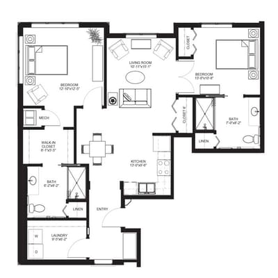 Architectural floor plan of a two-bedroom unit