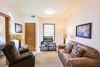 Cozy living room area with sofas and lamps