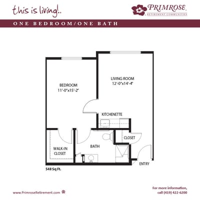 Architectural floor plan of a one-bedroom unit