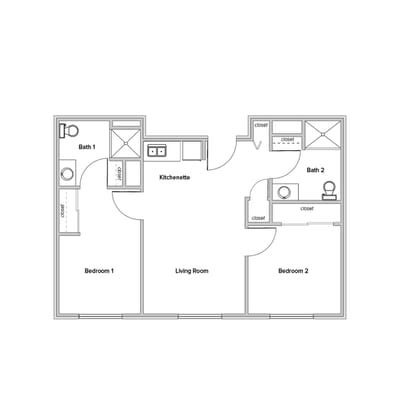 Architectural floor plan of a two-bedroom unit