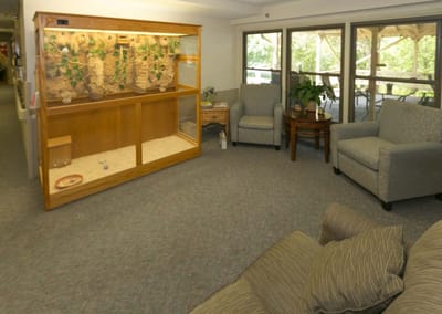 Common area with seating and aquarium