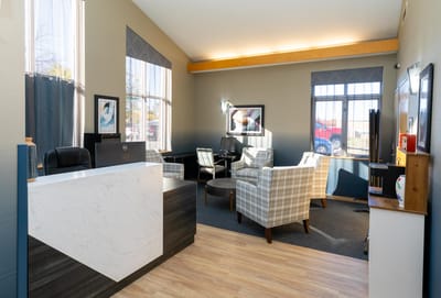 Bright interior of a common area with seating