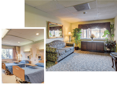 A cozy resident room with two beds and a couch