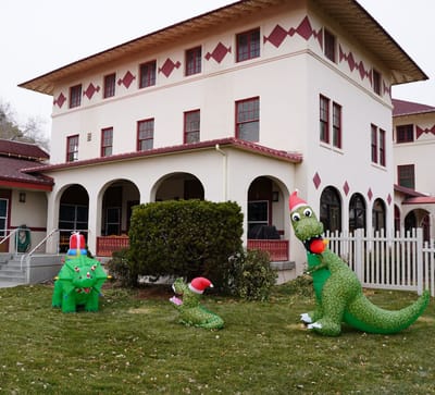 Exterior view of Magic Valley Manor with holiday decorations