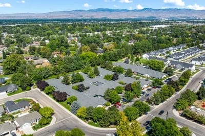 Aerial view of the Overland Court Senior Living campus and surrounding area