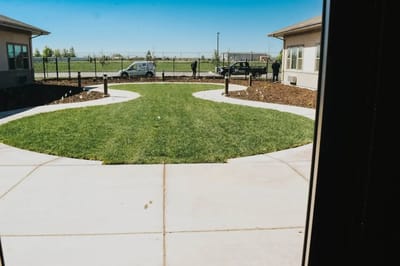 Well-maintained outdoor area with grass and pathways