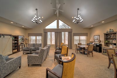 Well-furnished common area in a senior living facility