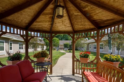 A gazebo overlooking pathways and gardens