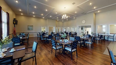 Bright dining room with neatly arranged tables