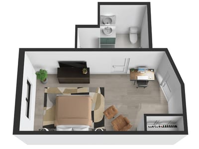 Aerial view of a private resident room layout