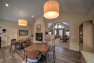 Interior view of a common area with tables and chairs