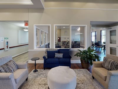 Interior view of a common area with seating