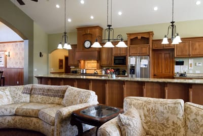 Cozy common area with a kitchen and seating