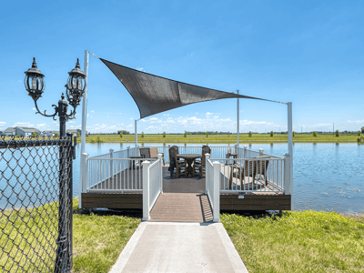 Outdoor seating area by the water