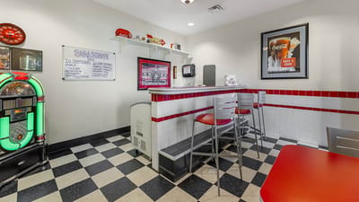 Retro-style interior cafe with seating and decor