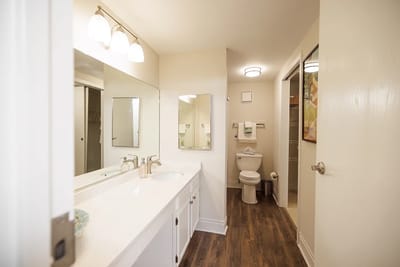 Bright bathroom with double sinks and modern fixtures