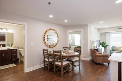 Bright interior of a dining area with furniture