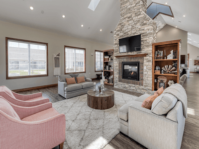 Interior common area with seating and fireplace