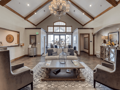 Bright lobby area with comfortable seating and decor