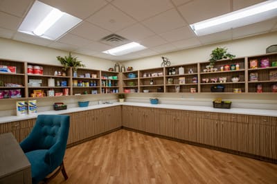 A well-organized pantry area with shelves of snacks