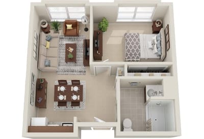 Interior layout of a one-bedroom unit with living area