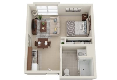 Floor plan of a one-bedroom senior living unit