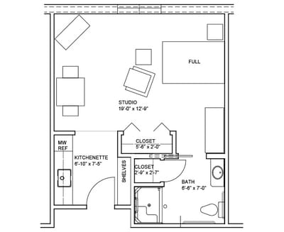 Architectural floor plan of a studio apartment