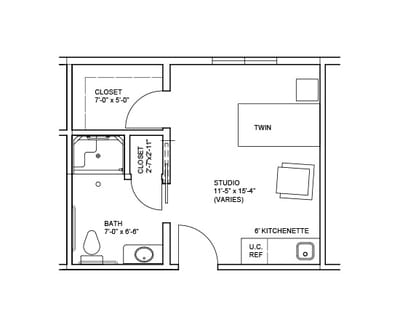 Architectural floor plan of a studio apartment