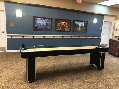 Shuffleboard table in a common area with decor