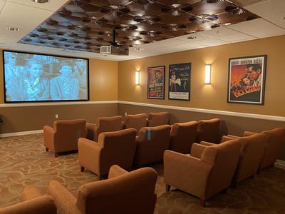 Interior photo of a movie theater room with seating and vintage posters