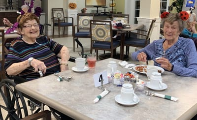 Two residents enjoying a meal in the dining room