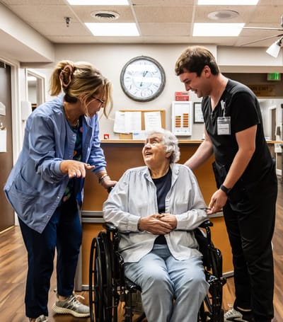 Healthcare staff interacting with a resident in a common area