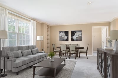 Bright living area with a comfortable sofa and dining table