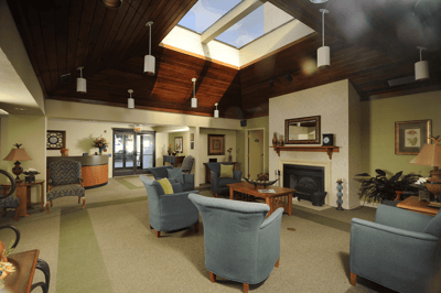 Bright and inviting interior lobby with seating
