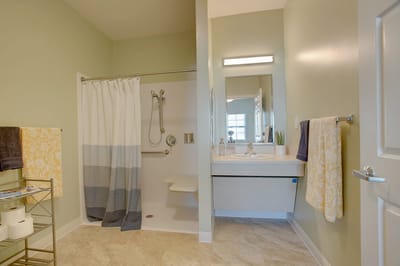 Well-lit bathroom with safety features