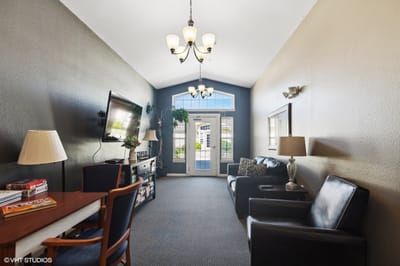 Bright and inviting interior common area with seating