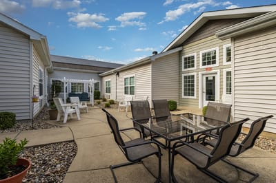Outdoor courtyard with seating and pathway