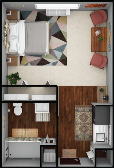 Top-down view of a cozy private resident room