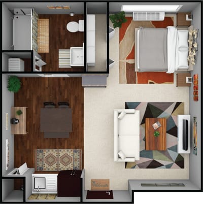 Layout of a private resident room with furniture