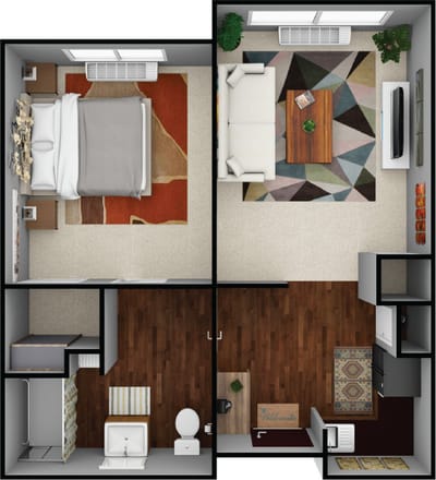 Floor plan of a resident unit with living area and bedroom